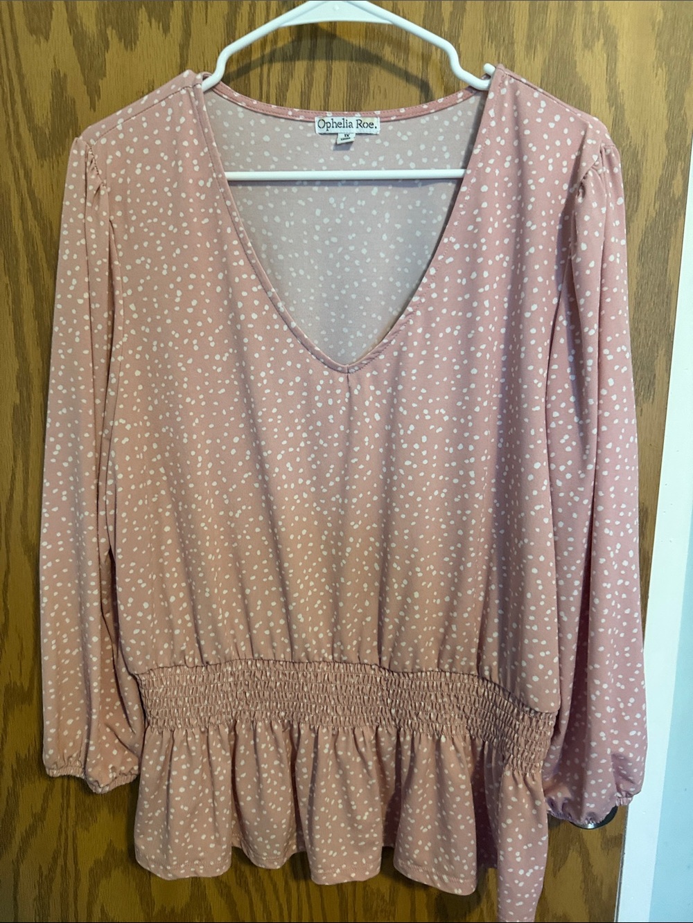 Ophelia Roe Blush Pink Long-Sleeve V-Neck Smocked Peplum Dress